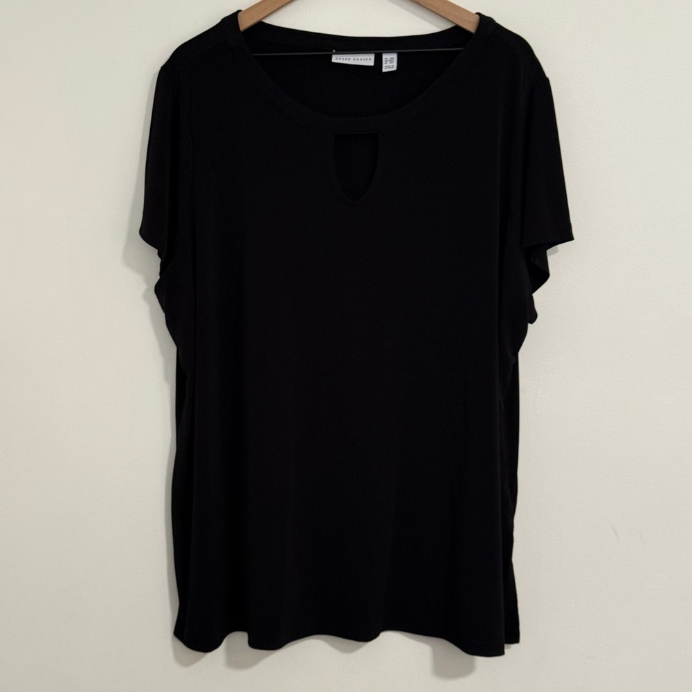 Susan Graver Top Blouse Women 3XP Black Liquid Knit Keyhole Short Sleeve Slit